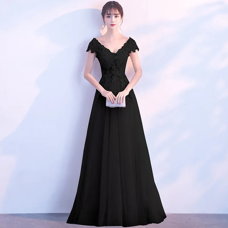 Vestido negro para madre de la novia, ropa de fiesta nupcial, con doble cuello en V, encaje de tul, apliques, talla grande