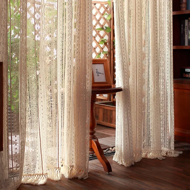 

American Country Beige Yellow Cotton Thread Crochet Tulle Curtain With Tassels Hollow Lace Home Drapes For Living Room Bedroom