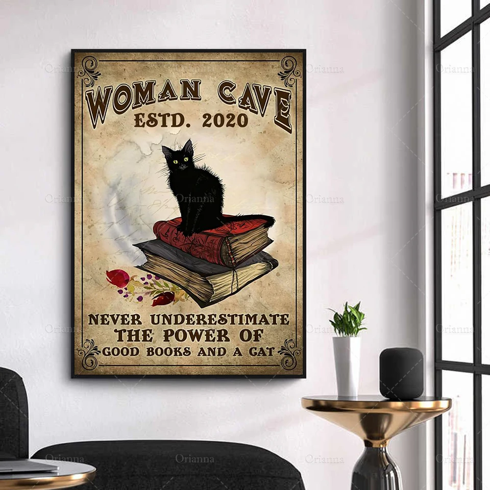 Never Underestimate The Power Of Good Books and A Cat, Black Cat Wall Art, Book Lover Gift, Modern Home Decor Posters，Prints