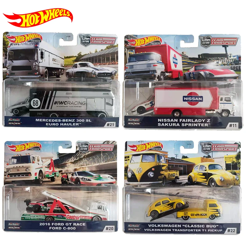 Carro original hot wheels carro de transporte com equipe cultural, brinquedos para meninos, trailer, caminhão, carro de liga