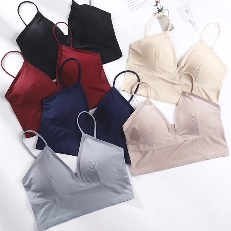 Women Crop Tops Seamless Tanks Deep V Bralette Backless Underwear Camis Female Sexy Lingerie Tube Top Removable Pads Camisole