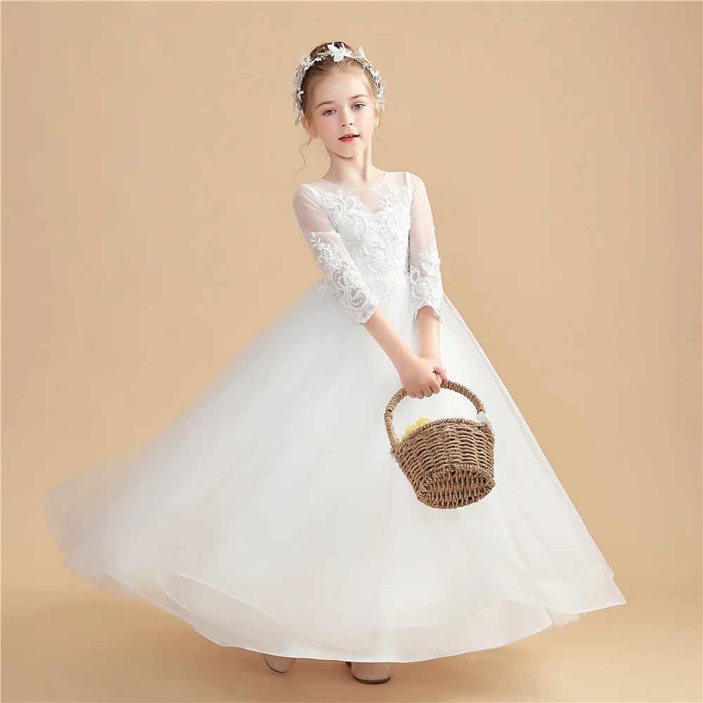 Appliques Princess Flower Girl Dress For Kids Wedding First Communion Festivity Celebration Birthday Party Ball Gown Event Prom