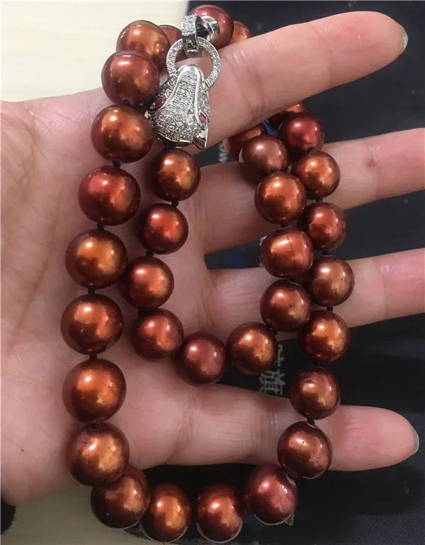 

HABITOO Luxury 11-12mm Brown Round Freshwater Pearl Choker Necklace for Women Fashion Jewelry Silver Leopard Head Clasp