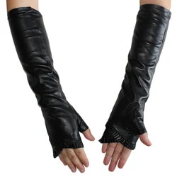 Guantes largos de cuero negro para mujer, forro de seda de terciopelo de piel de oveja, medio dedo, moda de otoño e invierno, nuevos