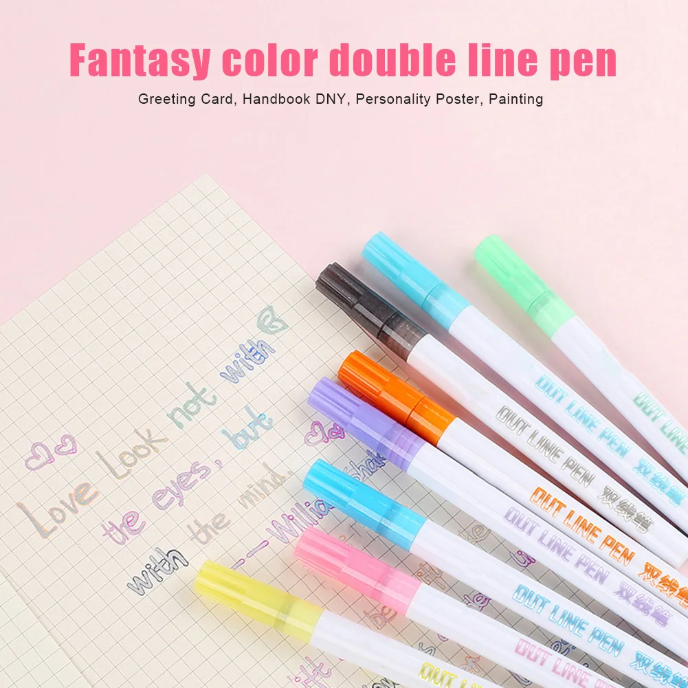 8 Chiếc Huỳnh Quang Bút Dây Chuyền Đôi Đường Viền Màu Bút Đánh Dấu Cho Viết Hình Tranh Vẽ DQ-Thả
