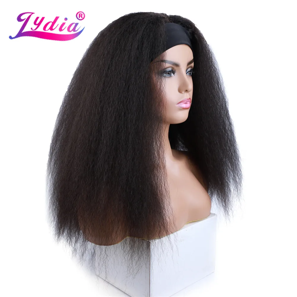 Lydia Long Kinky Straight Headband Synthetic Hair Wigs For African American Women Color 1B# Black 18-22 Inch Kanekalon Afro Wig