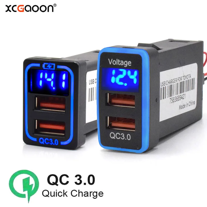 XCGaoon QC3.0 Quick Charge Double USB Port Car Charger With LED Voltmeter Phone DVR Adapter For TOYOTA, Two Sizes