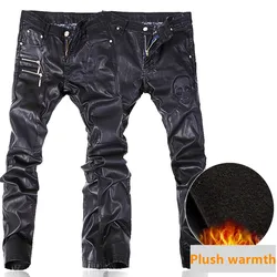 Trend Neue Schwarz Dünnen männer Leder Hosen Ppersonality Zipper Stitching Plüsch Wärme Mode Jugend Motorrad Leder Hosen Männlichen