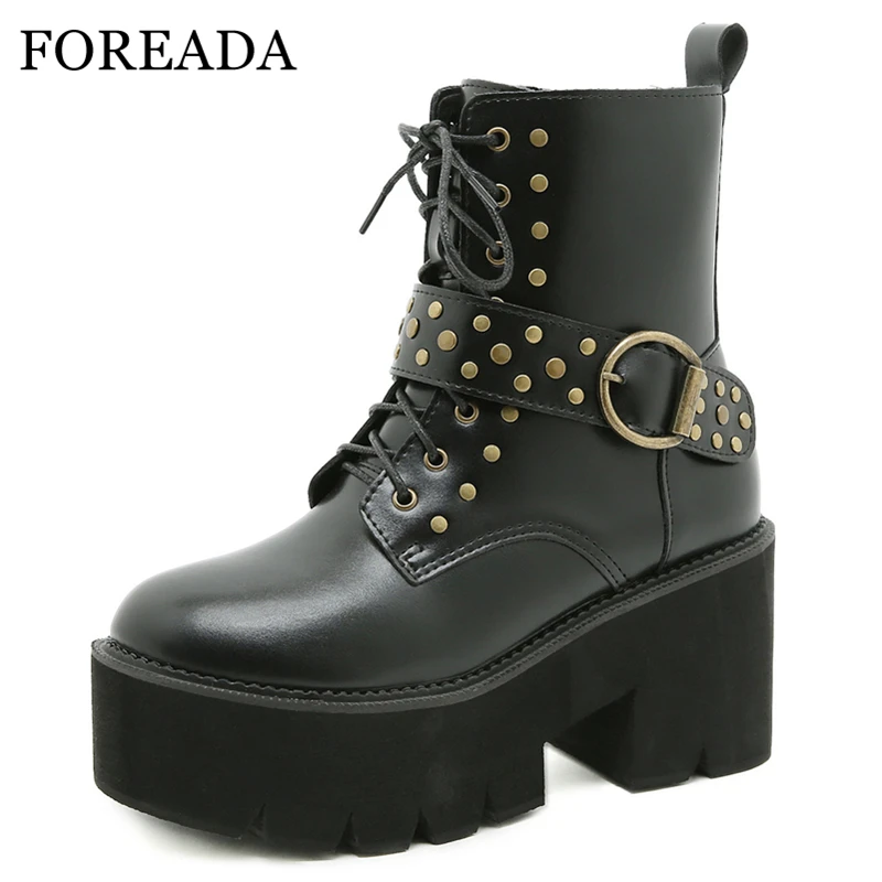 

FOREADA Woman Goth Motorcycle Boots Autumn Rivet Platform Thick Heel Shoes High Heel Round Toe Zipper Ladies Ankle Boots 35-43