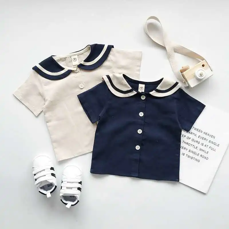 2023 Summer New Small And Medium-Sized Children Boys And Girls Navy Style Cotton Linen Short-Sleeved Shorts Suit