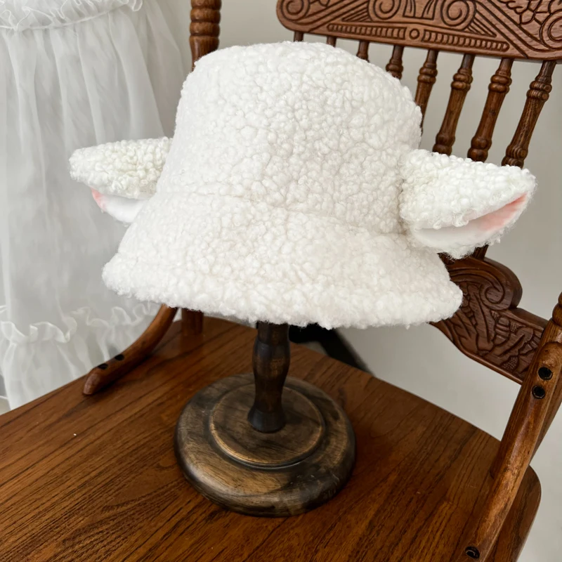 Handmade Sheep Baa Bucket Hat Lolita Sheep Cap with Ears Cute Girl Lambswool Material Black White Sheep Ear Hat Holiday Gift