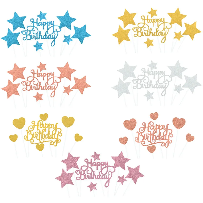 1 Set Creative Glitter Happy Birthday Cake Topper Heart Star Cupcake Topper For Birthday Party Baby Shower Cake Decor Supplies