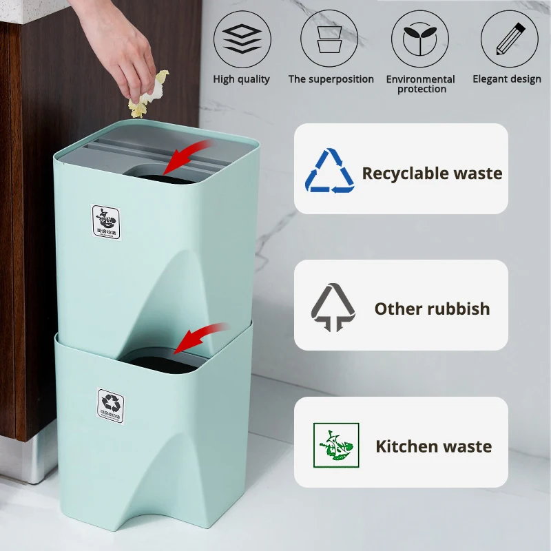 Household Trash Can Stacked Sorting Garbage Bin Recycling Bin Kitchen Dry and Wet Separation Waste Bin Rubbish Bin for Bathroom