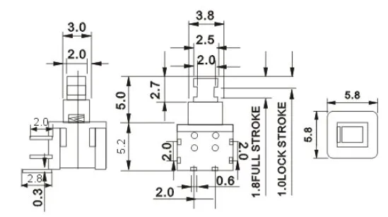 100Pcs Kft-5.8 5.8x5.8MM Tactile Push Button Switch Latching Side 6Pin High Head Latching Switch