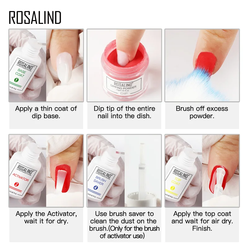 Rosalind Dompelen Nail Poeder Systeem Kit Vloeibare Base Top Coat Activator Clear Nail Art Natuurlijke Droog Zonder Lamp Cure