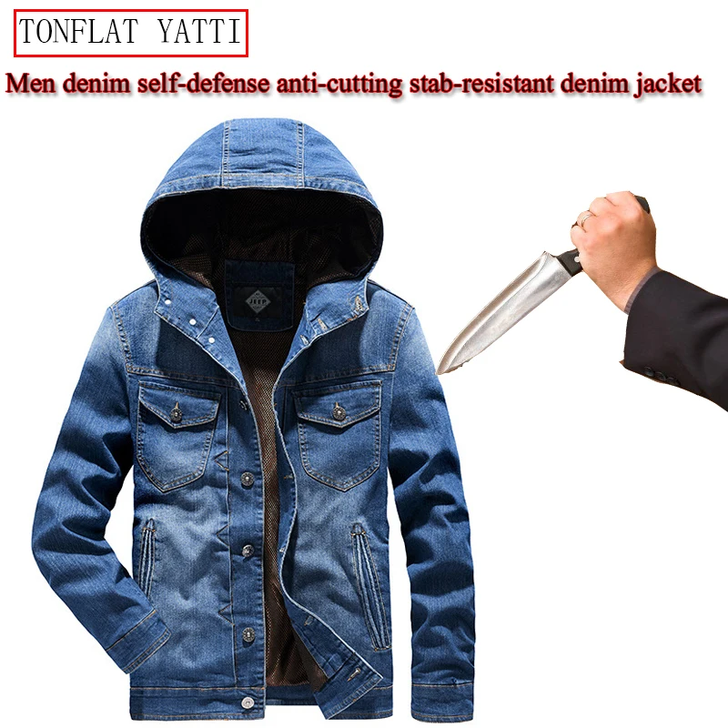 New Men Denim Hooded Jacket Self-defense Anti-cutting Stab-resistant Safety Clothing Invisible Soft Military Tactical Equipment