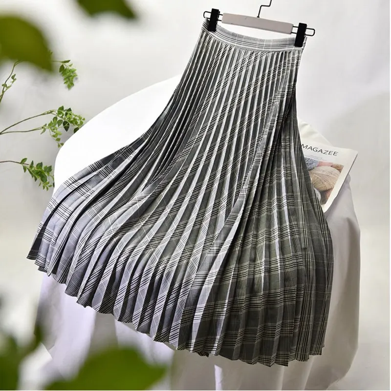 Women\'s Vintage Plaid Pattern Long Skirt Korean Female High Waist Side Zipped Slim Pleated A-Line Skirts Saias 2021 Spring SK692
