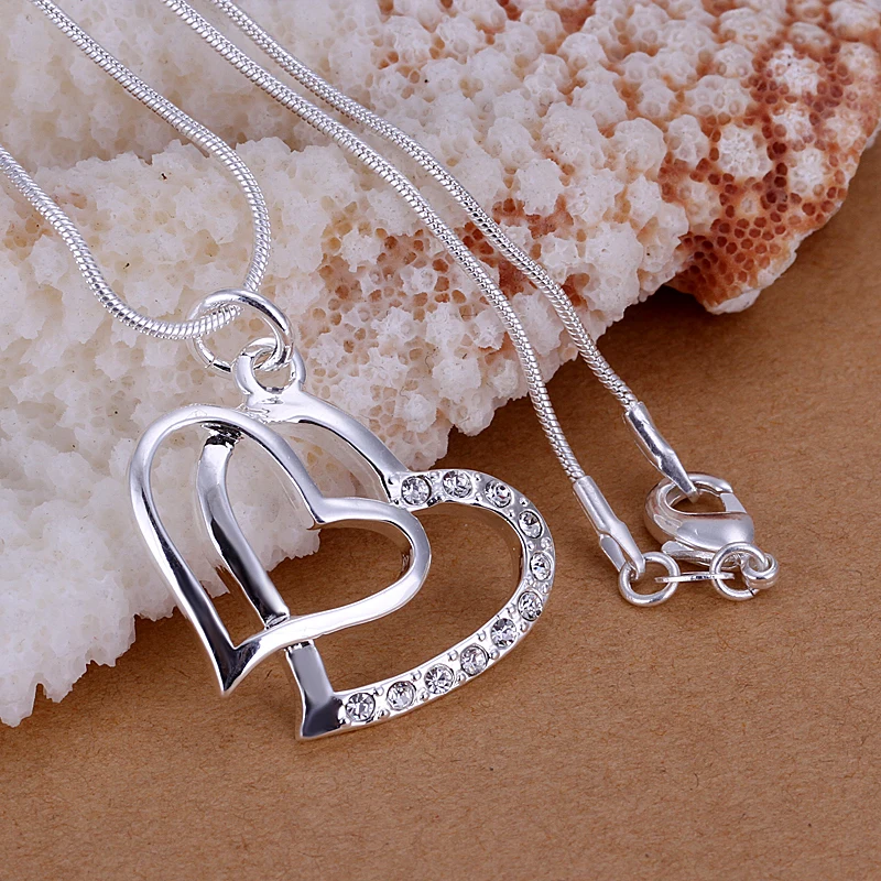 

Wholesale 925 Sterling Silver Pendant,Latest Trendy Classic Jewelry,Insets Double Crystal Heart Silver Chain Pendants for Women