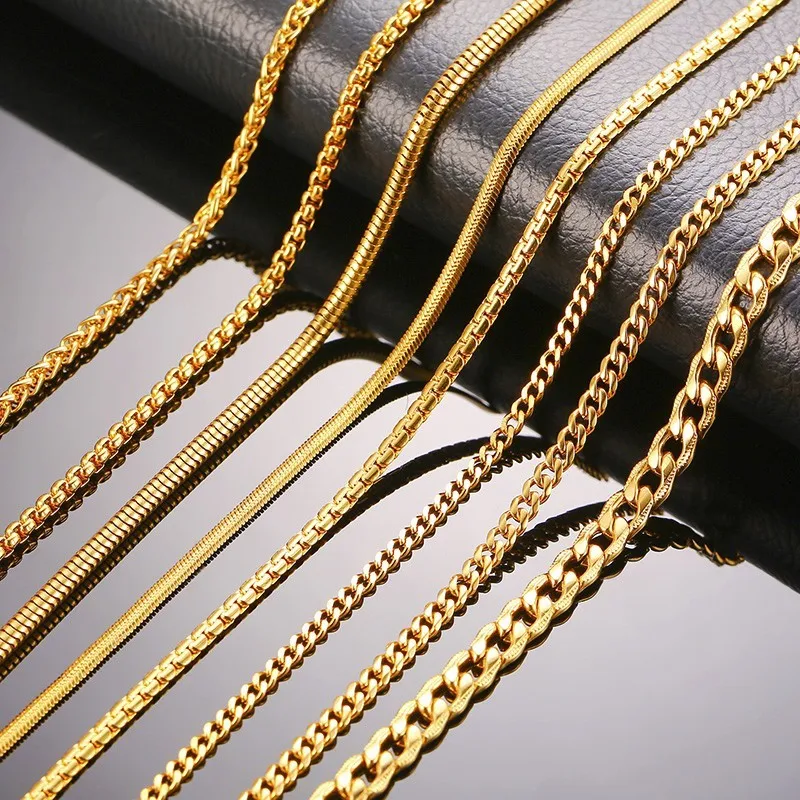 3-6mm Gold Color Cuban Necklaces Snake Chain Miami Cuba Link Collar, Round Box Wheat Chain Choker,Stainlesss Steel Jewelry Gift