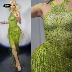 custom Fashion Tassel rhinestones Dress Green Fringe Evening Birthday party Celebrate club Stage Women DS Singer dance costumes