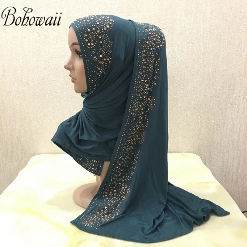 BOHOWAII Diamonds Jersey Hijab Scarf Muslim Fashion Turban Femme Musulman African Head Wraps Arab Turkish Hijabs for Women