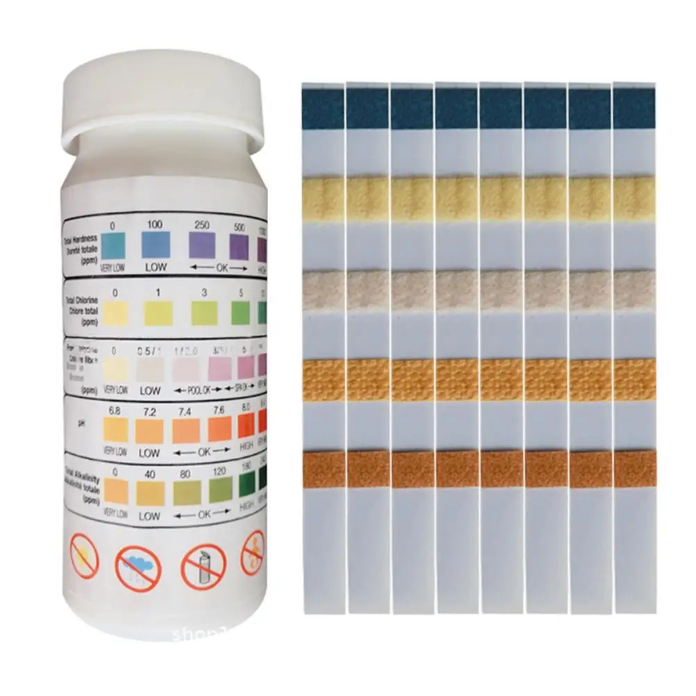 

50pcs 5-IN-1 Swimming Pool Test Strips Test Kit for Residual Chlorine PH Hardness and Total Alkalinit