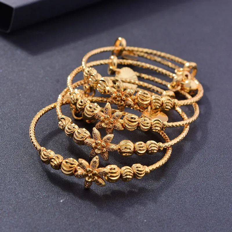 24K 4pcs Ethnic Gold Color Dubai Bangles For Baby Girls Flower  Bracelet Women Girl Bride Dubai Bangles Child jewelry