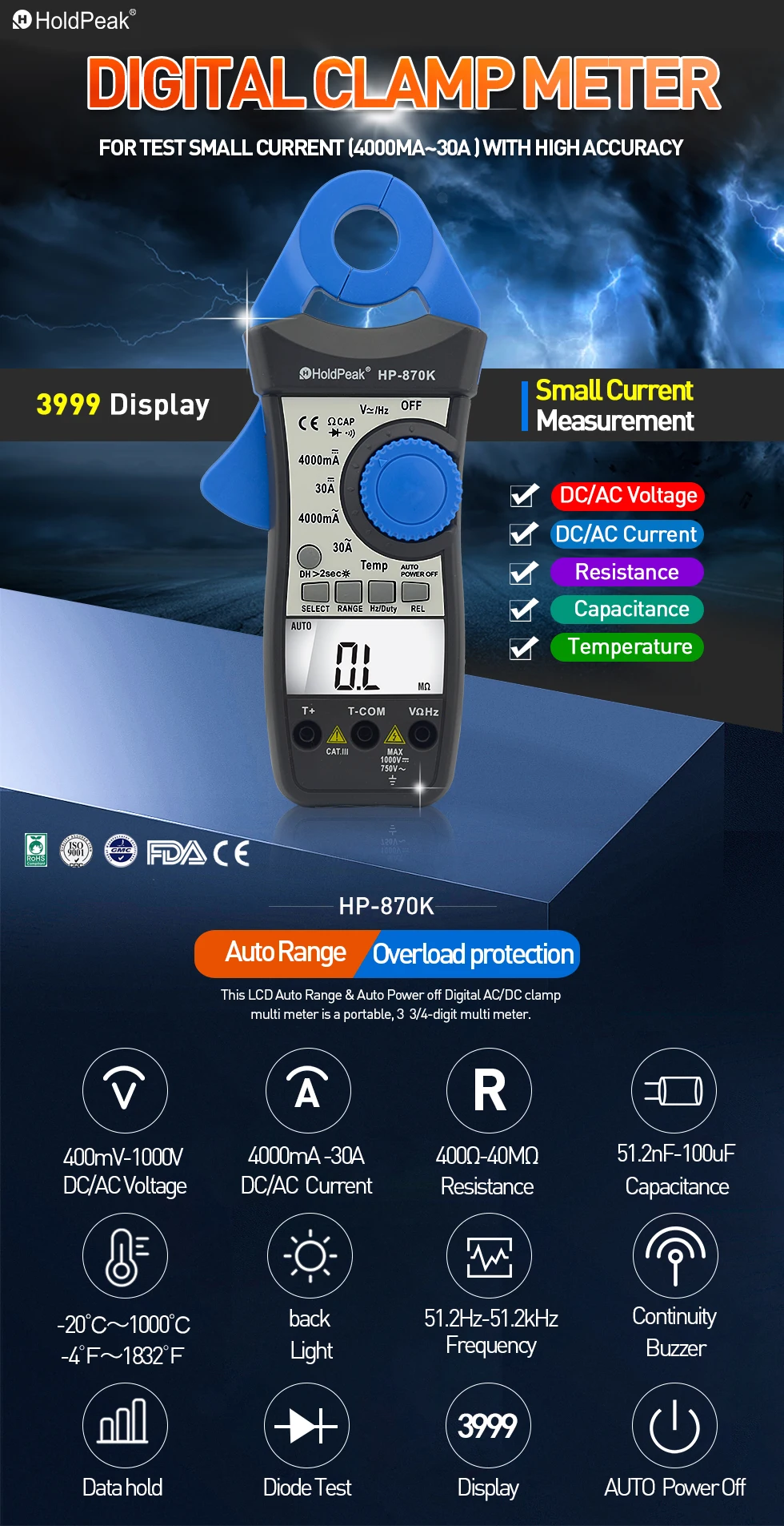 Habotest-Digital Clamp Meter, AC DC Current Voltmeter, Ohm, Hz, Resistance, Capacitance, Relative Value Tester, HP-870K