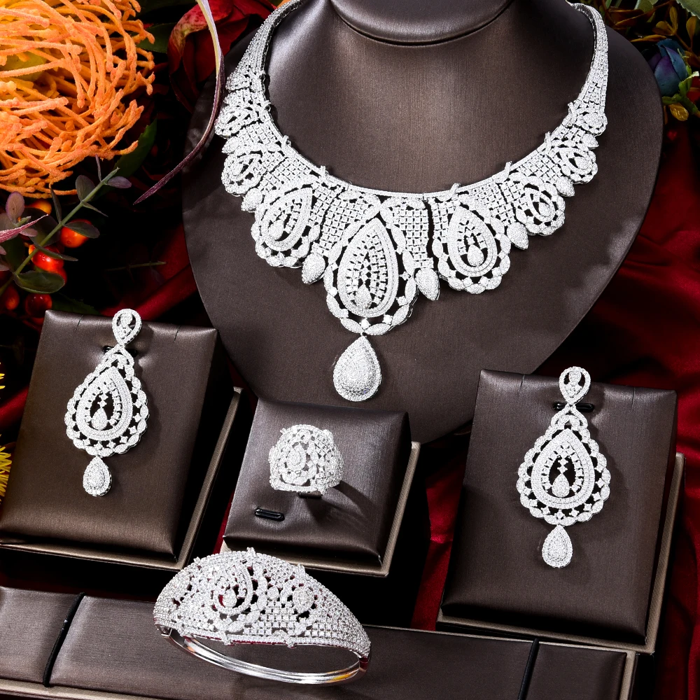 Siscathy Moroccan Luxury Full Cubic Zircon Wedding Party Jewelry Set For Women Necklace Earring Bracelet Bangle Exquisite Gift