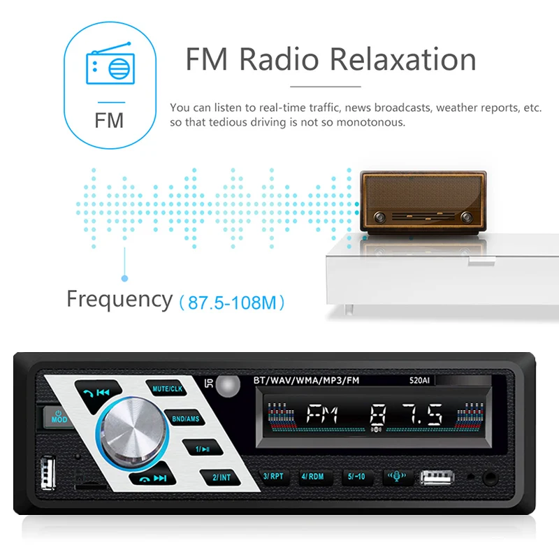 Car Radio 1 Din Bluetooth 4.2 ISO Interface FM 520AI TF card / U disk MP3 Player Multimedia Stereo Autoradio AUX 24V Hands-free