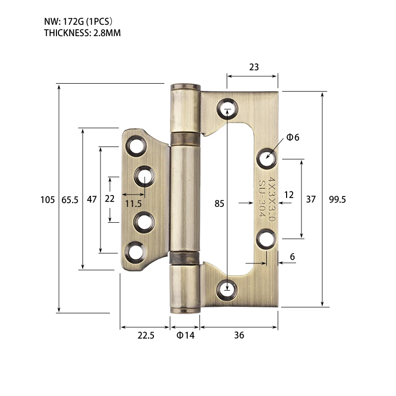 2PCS Stainless Steel 4Inch Heavy Duty Kitchen Door Hinge 270 Degree Open Metal Brushed Nickel & Bronze Hinges for House
