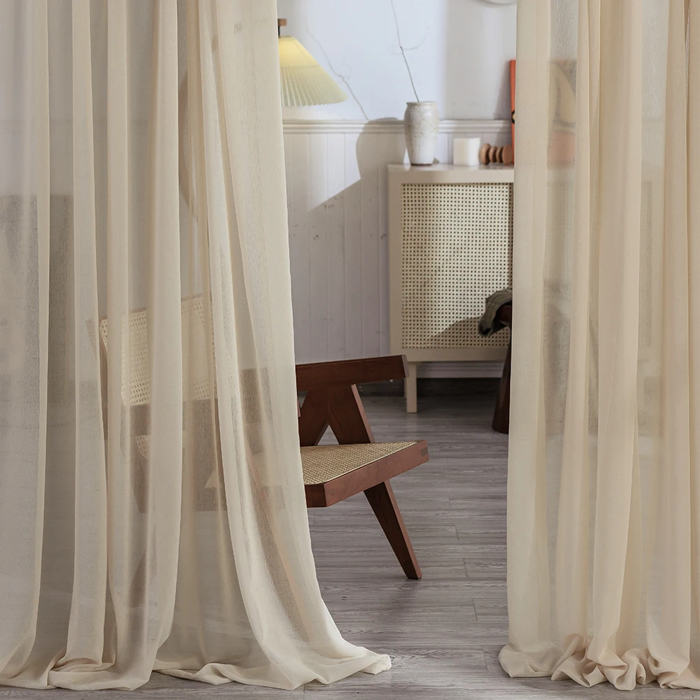 NAPEARL Cotton Linen Tulle Curtains for Bedroom Solid Sheer Curtains for Living Room Kitchen Ready Made Beige