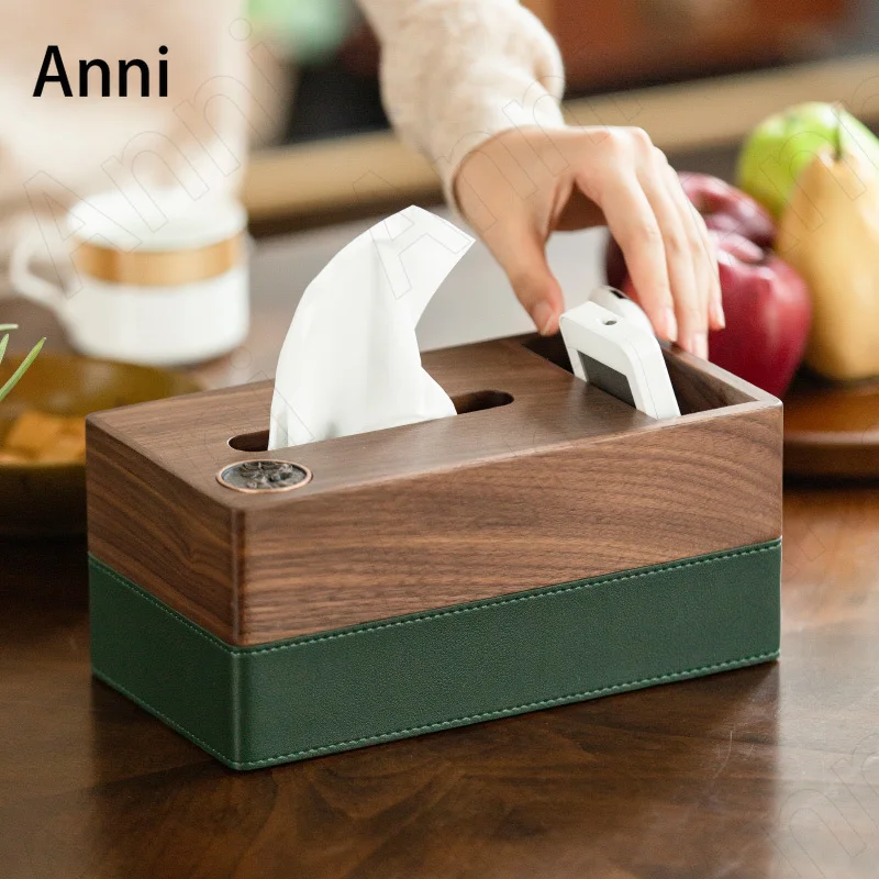 

Walnut Wood Tissue Boxes Nordic Modern Multifunctional Mobile Phone Holder Paper Towel Storage Box Leather Base Home Decoration