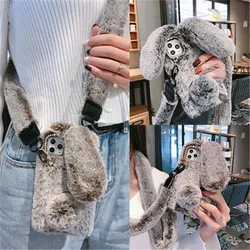 Cute Rabbit Long Ear Handbag Fur Case Cover With Fluffy Long Strap For Iphone 15 14 13 12 Mini 11 Pro XS Max XR X 8 7 6S Plus SE
