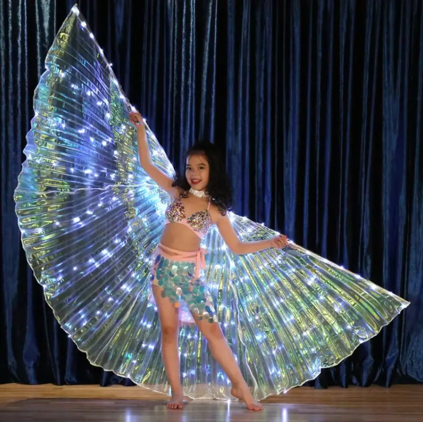 Dança fada dança do ventre led anjo isis asas brancas dança asas luminosas trajes palco mostra borboleta crianças meninas