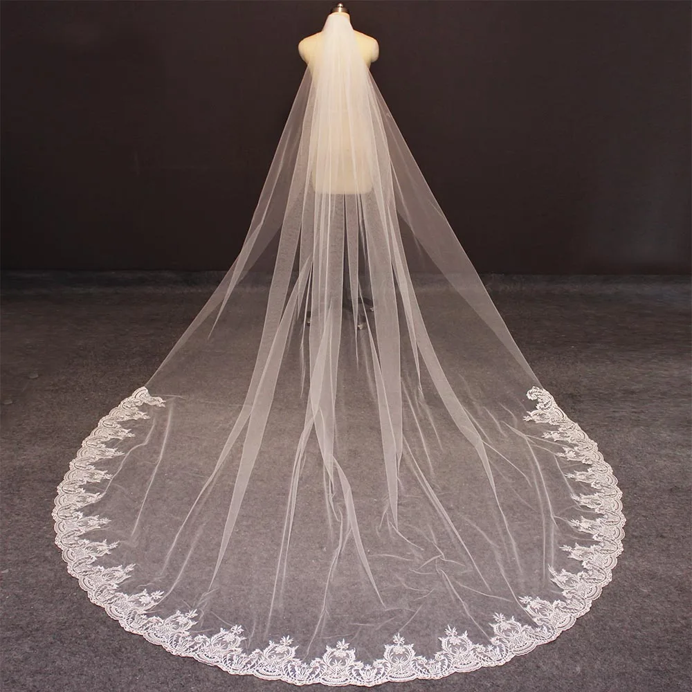 วิหาร Lace Wedding Veil 3เมตรยาวชั้นผ้าคลุมหน้าเจ้าสาวด้วยหวีสีขาว Ivory Veil สำหรับชุดแต่งงานงานแต่งงานอุปกรณ์เสริม