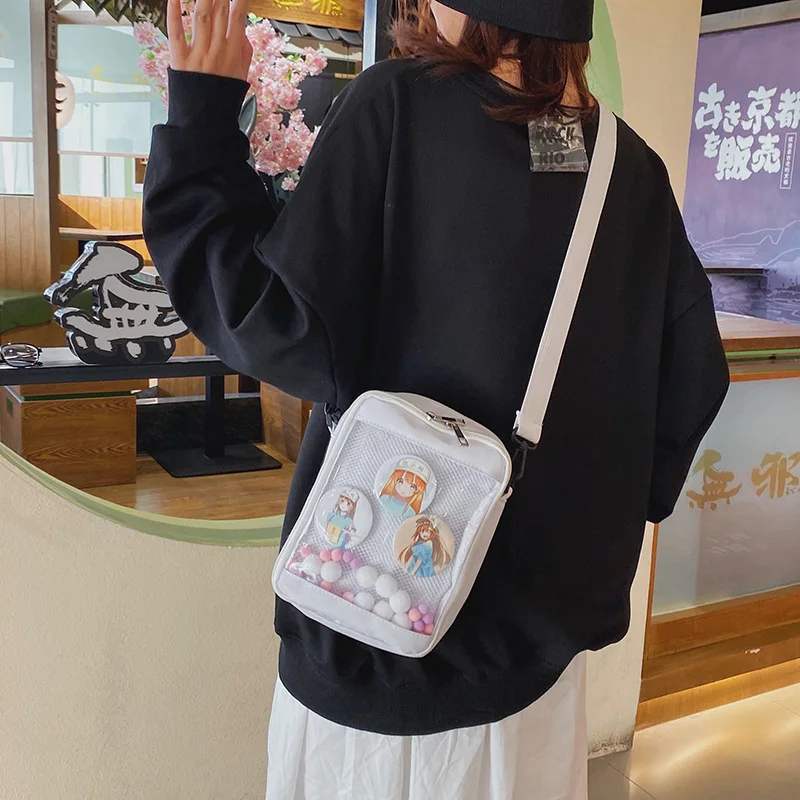 Japan itabag school girls student small canvas bag mesh pocket with colorful hairballs transparent bag flap crossbody bag women