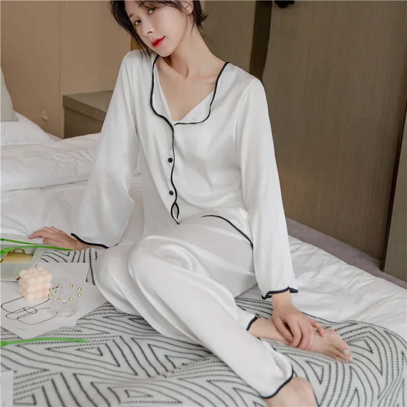 

Spring And Summe Solid Color Fashion Pajama Sets V Neck Design Ice Silk T-Shirts With Trouser Suits Women Home Wear Nightwear