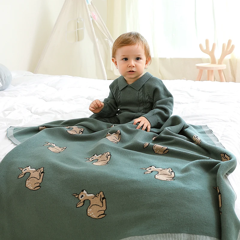 Baby Blankets Knitted Newborn Boys Girls Cotton Swaddle Wrap Quilts Infant Toddler Green Throw Playing Mats 100*80cm Kids Covers