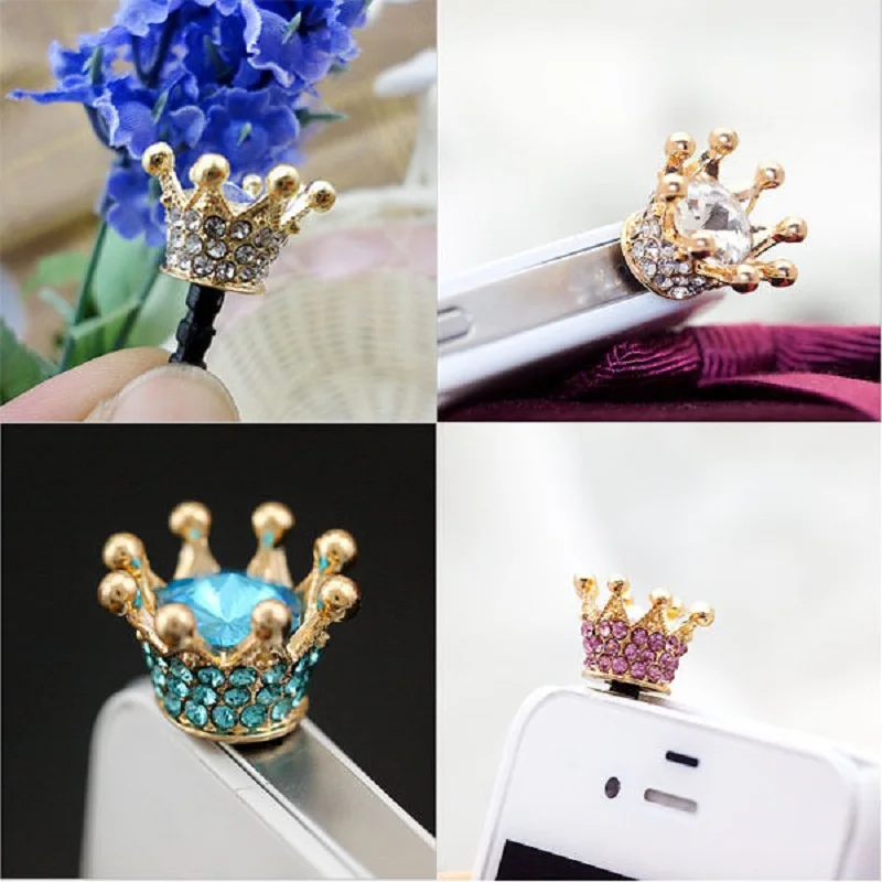 

HOT SALE 3.5mm Crystal Rhinestones Cellphone Charms Earphone Audio Headphone Anti Jack Crown Dust Plug Phone