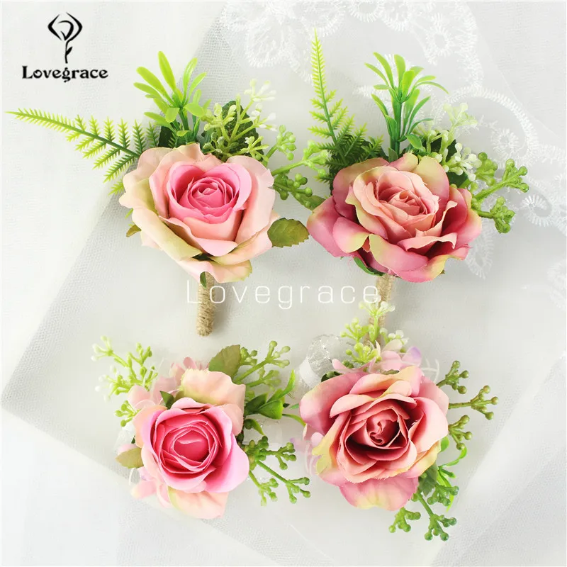 Lovegrace Boutonniere Bloem Bruiloft Bruid Pols Corsage Meisje Armband Zijde Rose Prom Party Mannen Knoopsgat Pin Vrouwen Corsages