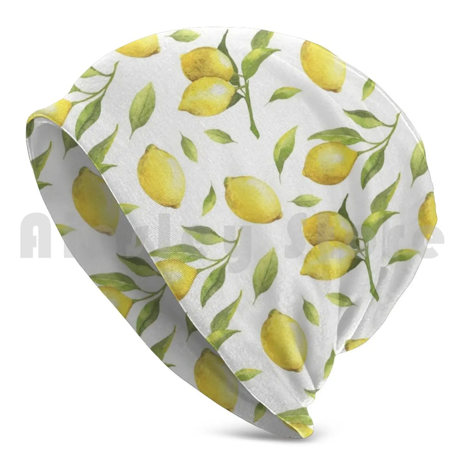 Lemon Pattern Beanies Pullover Cap Comfortable Lemon Citrus Orange Fruits Blossom Floral Freshening Branches