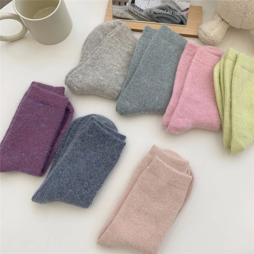 OMEA Angora Rabbit Fur Wool Blended Winter Socks Women Solid Christmas Gift Thicken Fashion Fuzzy Socks Luxury Stockings Kawaii