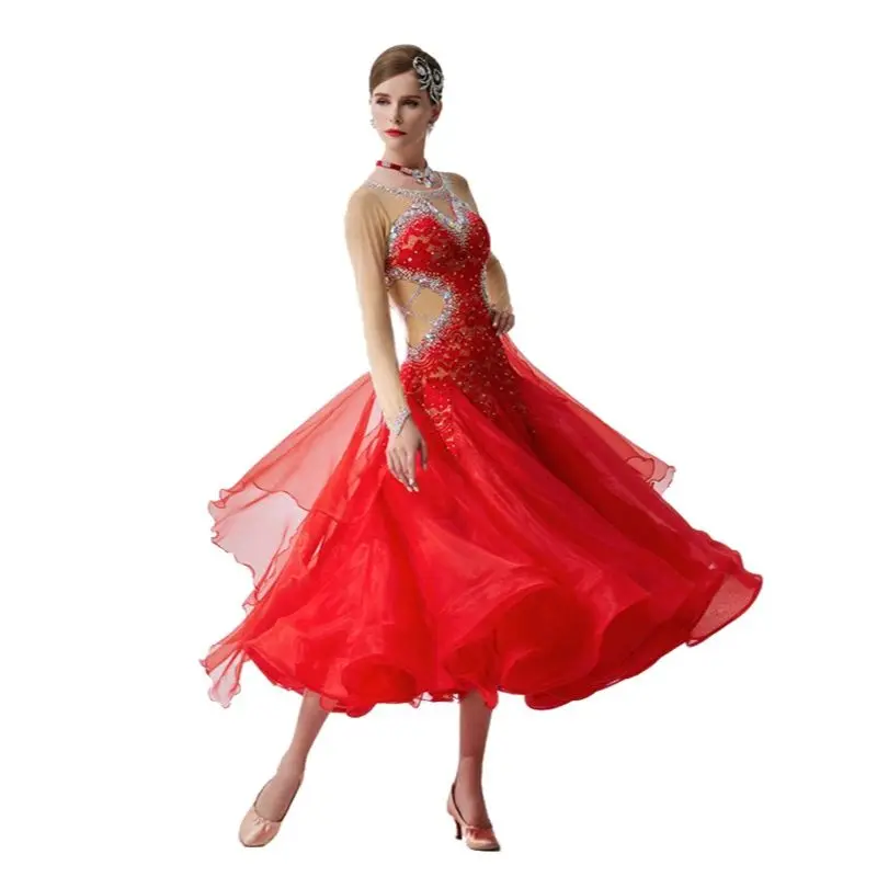 B-19317 New Women Modern Dance Rhinestone Color Diversity Dress Ballroom National Standard Waltz Competition Performance