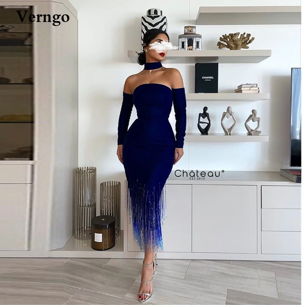 

Verngo Royal Blue Elastic Satin Evening Dresses Tea Length Strapless Tassel Mermaid Saudi Arabic Women Formal Party Prom Dress