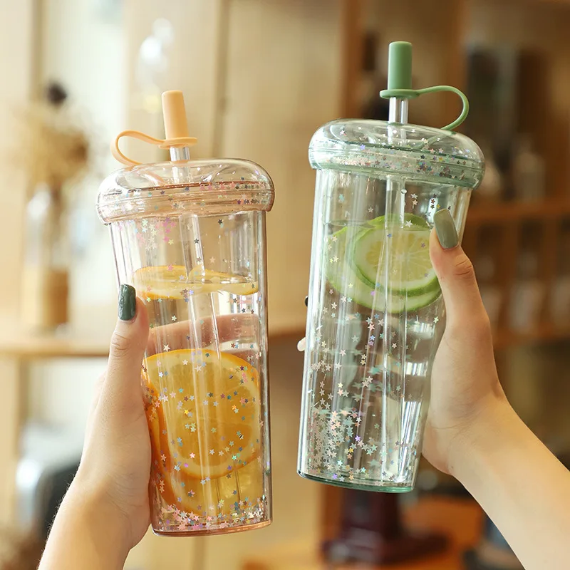 Kawaii Bubble Tea Water Bottle Plastic Cup With Straw Insulated Drinkware Tea Juice Girl Sparkling Bottles For School BPA Free