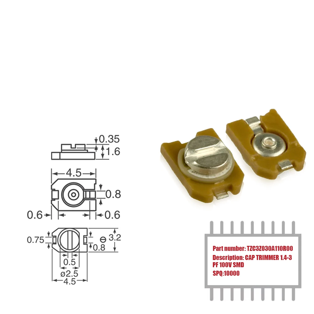 

My Group Asia 1000PCS TZC3Z030A110R00 Surface Mount SMD 1.4 ~ 3pF 100 V Top Trimmers, Variable Capacitors in Stock