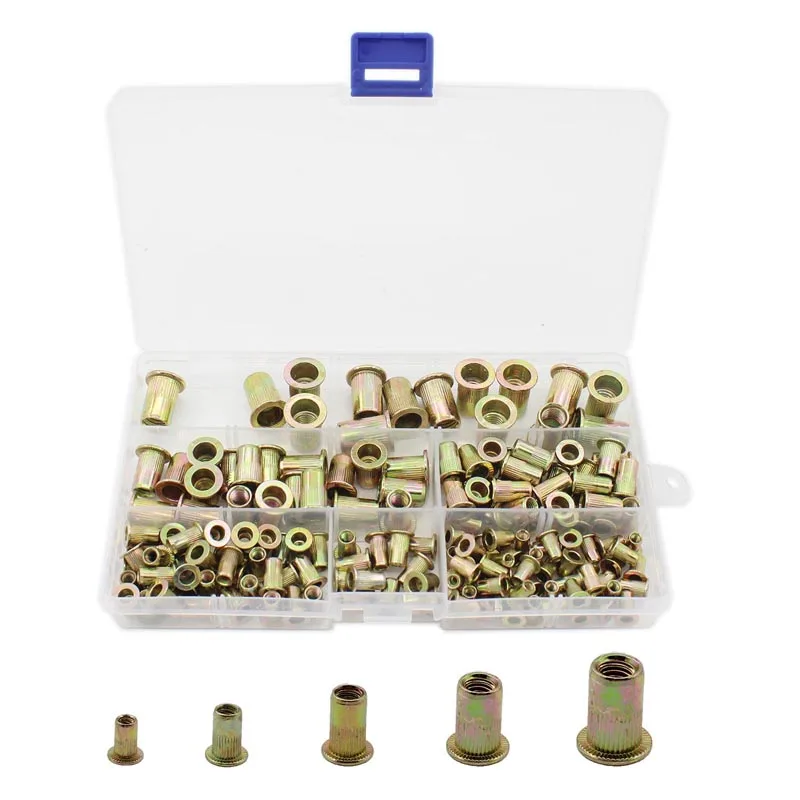 

165 PCS Rivet Nut, Metric Rivet Nut Kit Carbon Steel Flat Head Threaded Insert Nut Assorted in M3 M4 M5 M6 M8,Zinc Plated Finish