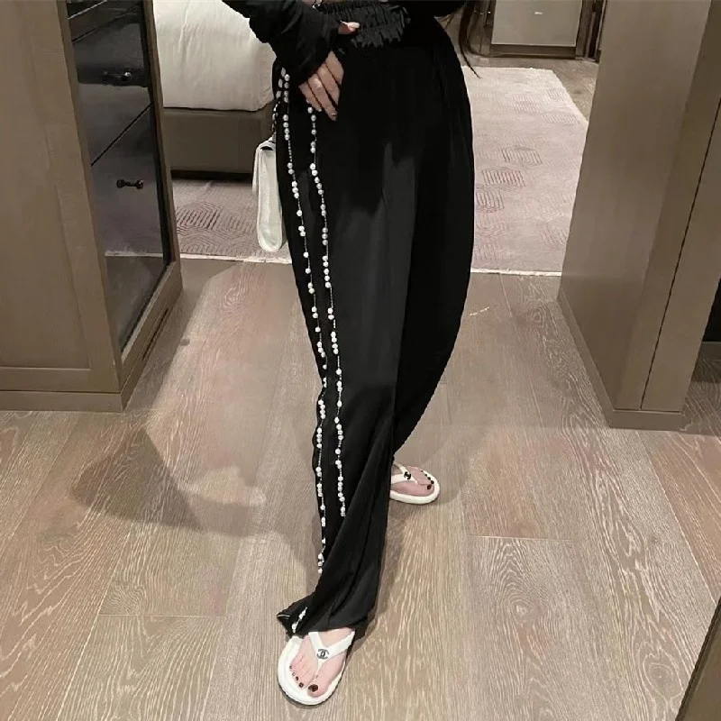 

Pearls Fashion Beading Elastic High Waist Casual Pants Women Hip Hop Loose Straight Sweatpants Personality Streetwear Trousers