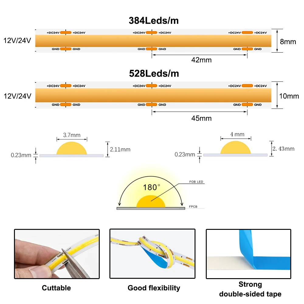 COB LED Strip 480 528 Chips/M High Density Flexible FOB Led Red Green Blue Warm Nature Cool White Linear Dimmable Light 12V 24V